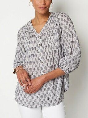 J. Jill Madeira Paisley PIntuck Peasan Cotton Top Blouse Medium Petite Like New